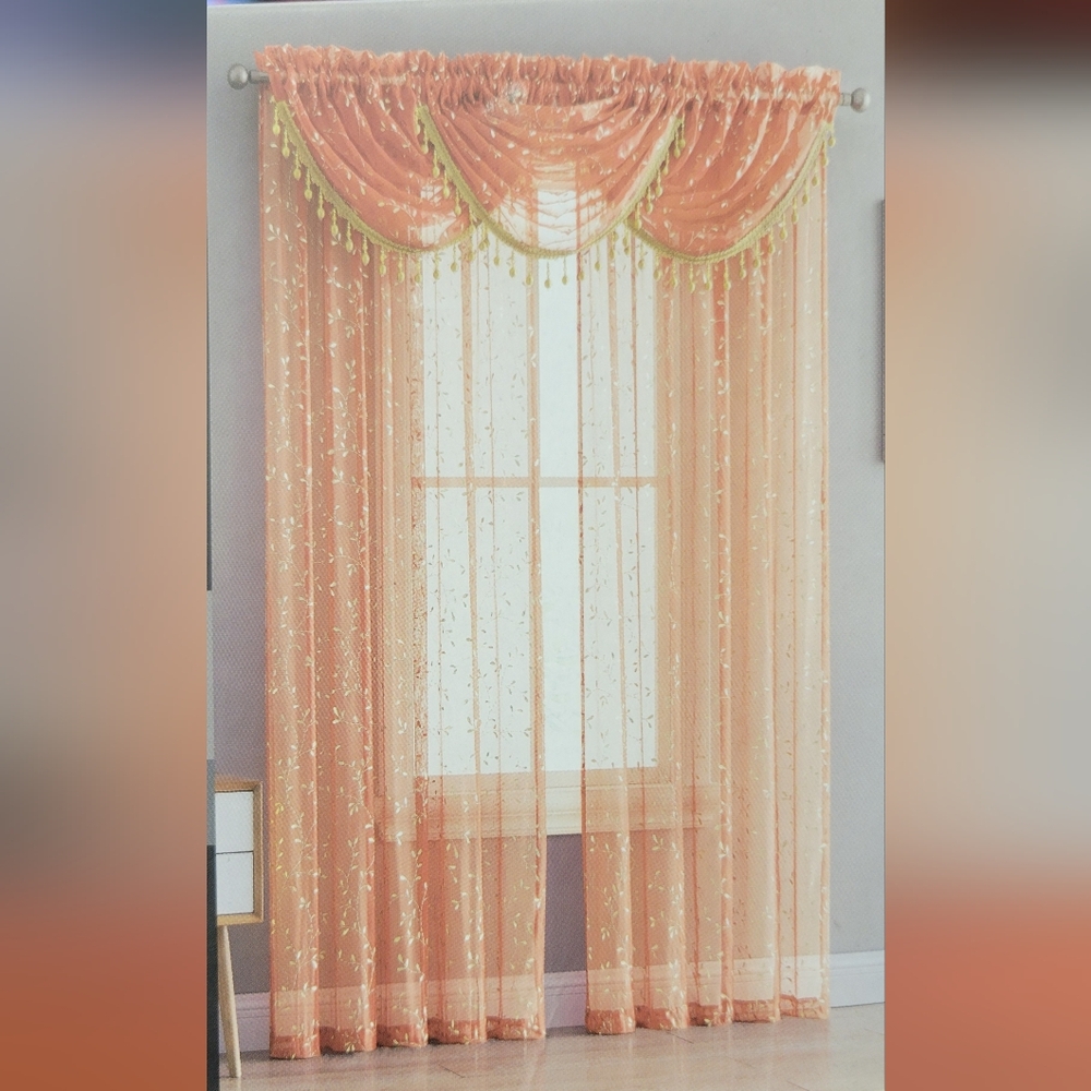 Elegant Sheer Coral/Gold Curtain Set. 5 Pieces (2 Panels+3 Valances). 84" Lenght